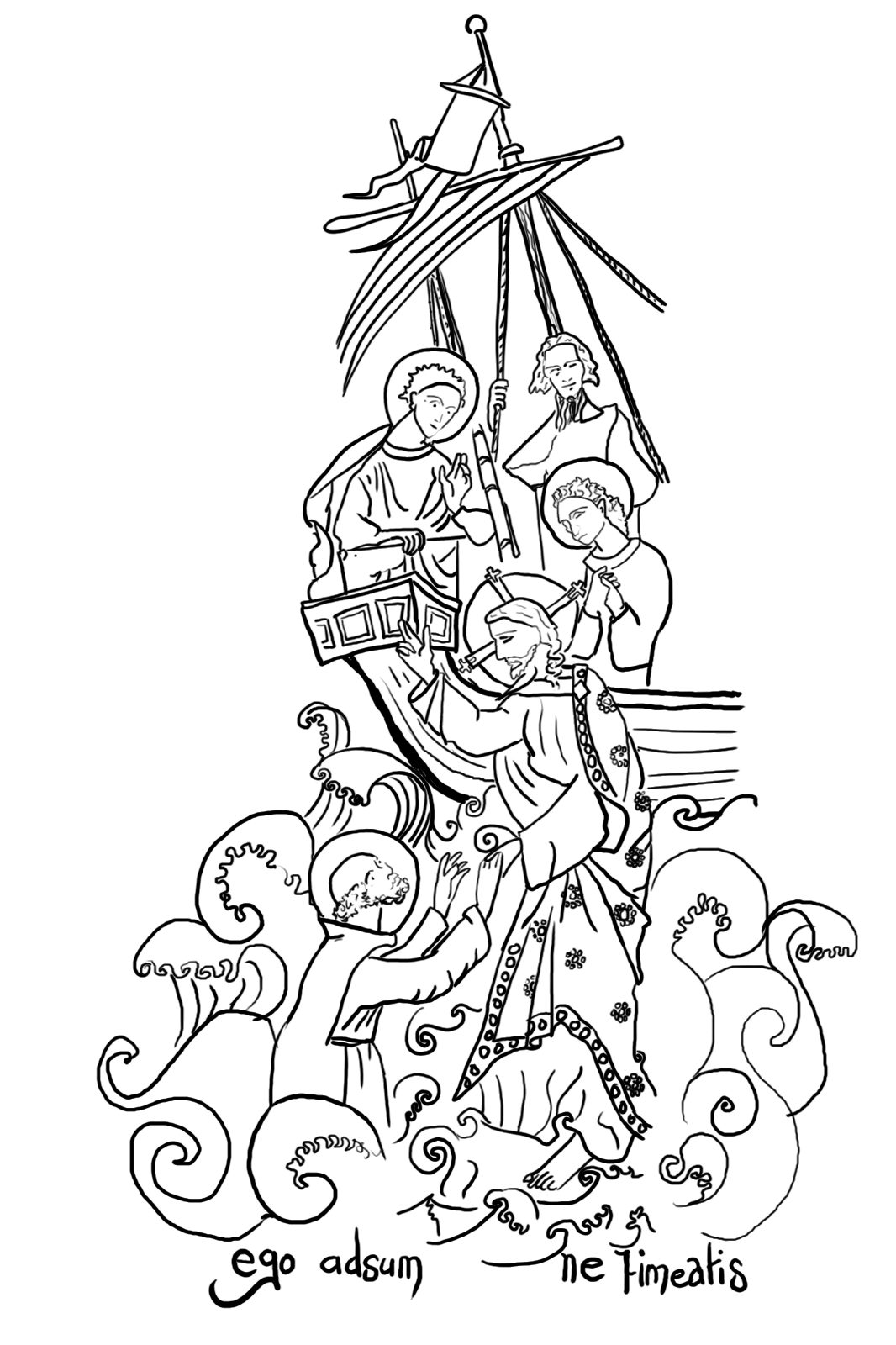 Jesus telling Peter to not be afraid, whist the disciples look on from a boat and he is rescued from the waves.