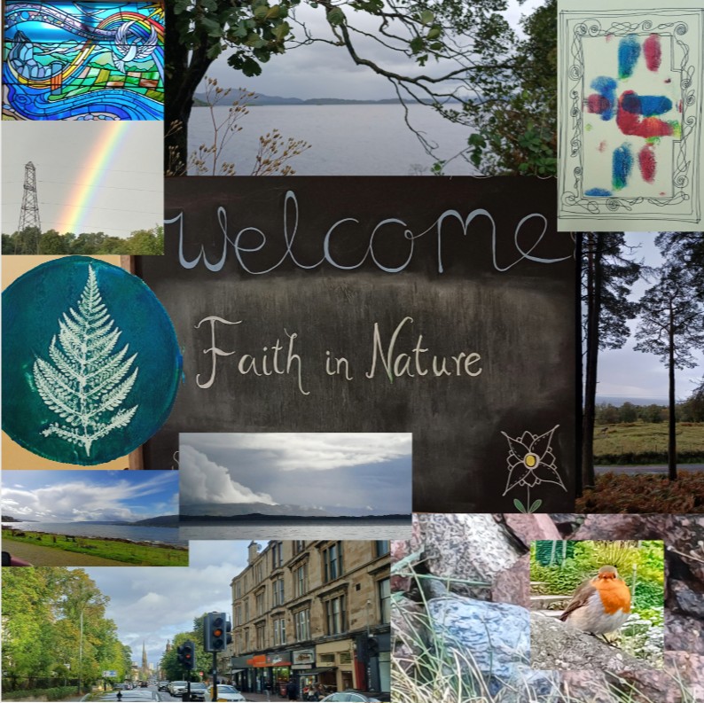 A blackboard with "Welcome Faith in Nature" surrounded by photos from the weekend