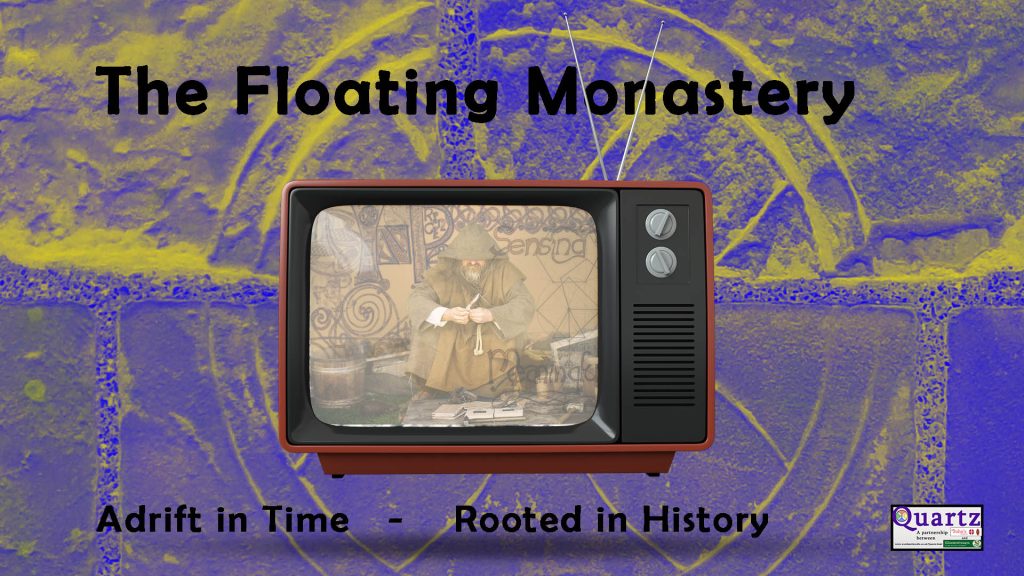 A monk on a TV set. the floating Monastery YouTube title card.